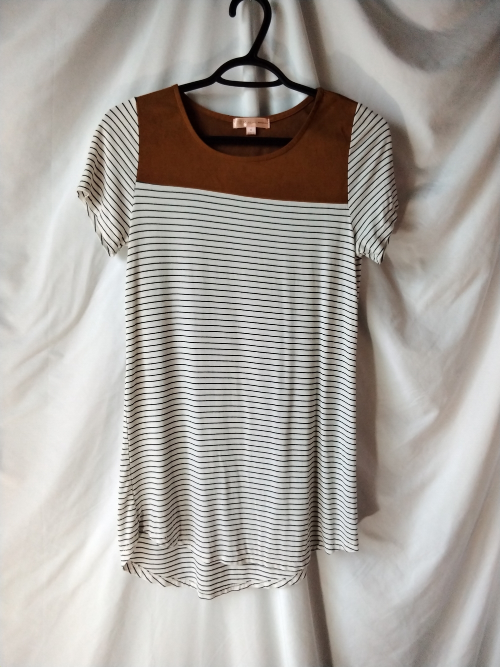 Striped Short-Sleeve Tunic with Brown Yoke - Women